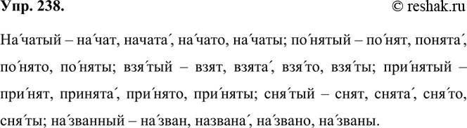 Изображение 238. Образуйте и запишите краткие страдательные причастия. Поставьте ударение. Прочитайте слова.Начатый, понятый, взятый, принятый, снятый,...