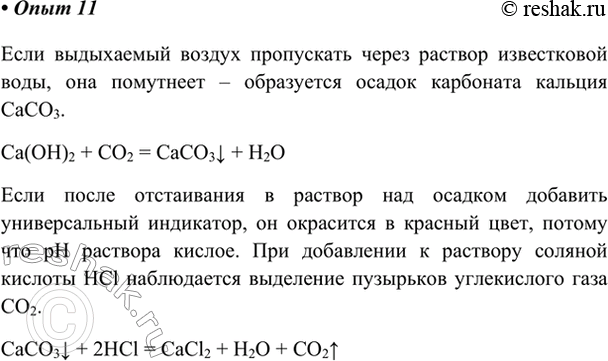 Изображение Опыт 11	Известковая вода мутнеетНалейте в пробирку 2 мл известковой воды (её мы приготовили в опыте 1), опустите в пробирку соломинку для коктейля или стеклянную...